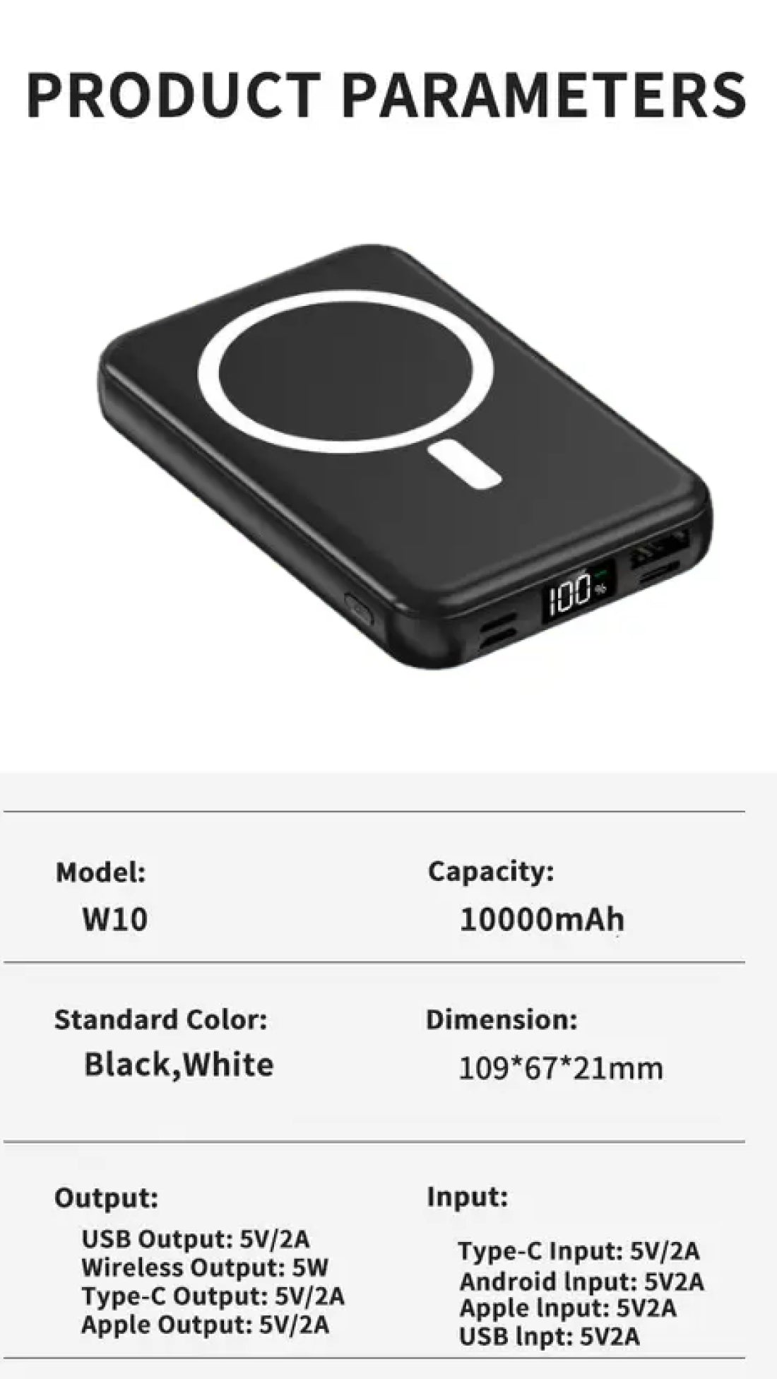 Portable Wireless Charger Powerbank Magnetic Power Bank 10000mAh with Built in Cables