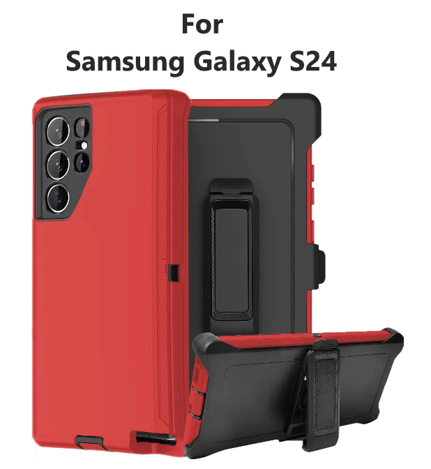 Shock Proof Defender Phone Case with Holster for Samsung Galaxy S24 (Red & Black)