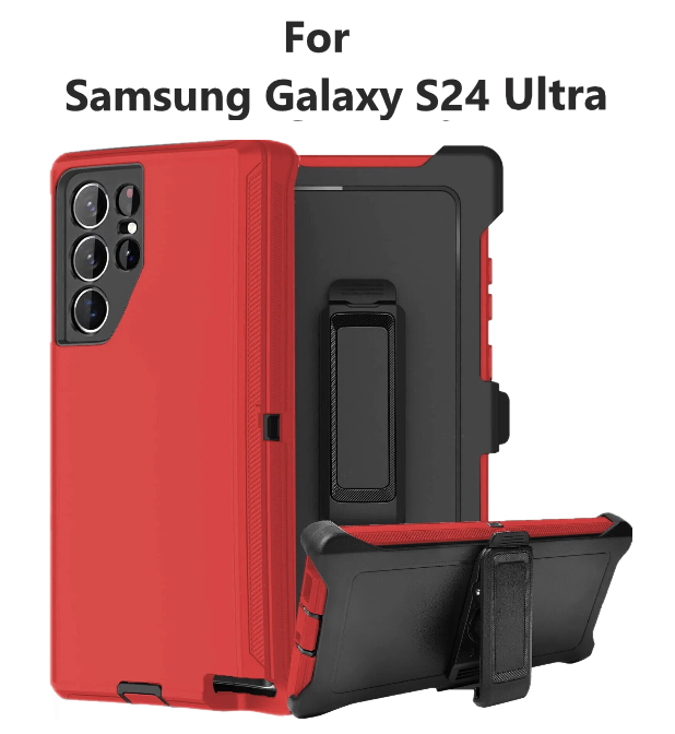 Shock Proof Defender Phone Case with Holster for Samsung Galaxy S24 Ultra (Red & Black)
