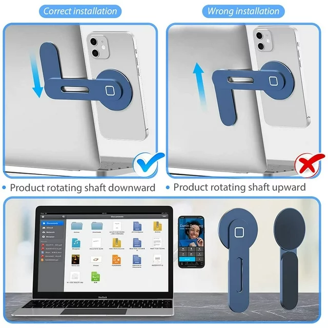 Magnetic Phone Holder for Laptop Designed for Cellphones, Tablets Adjustable Phone Monitor Side Mount, Slim Portable Foldable Computer Expansion Bracket, Blue