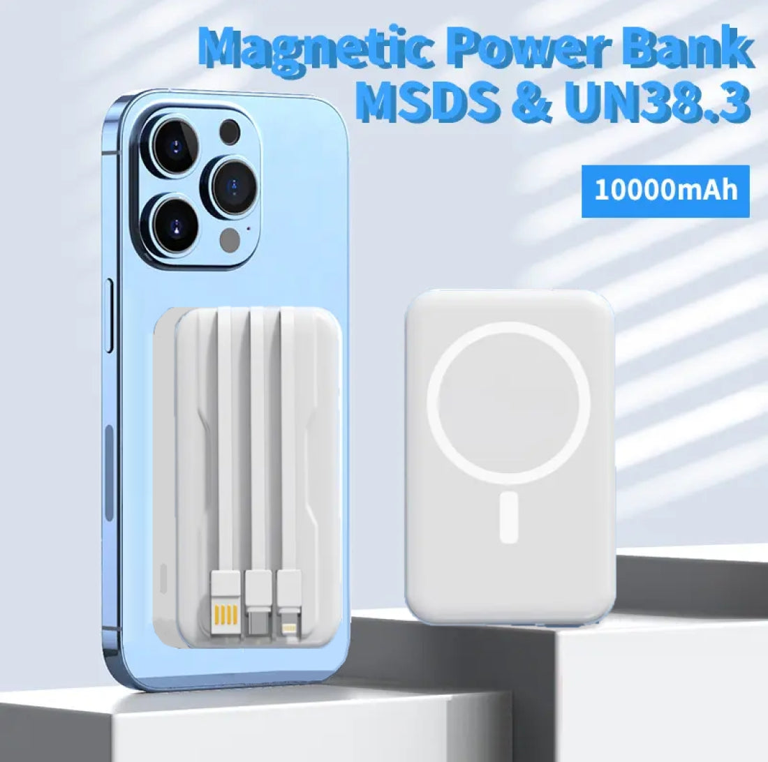 Portable Wireless Charger Powerbank Magnetic Power Bank 10000mAh with Built in Cables