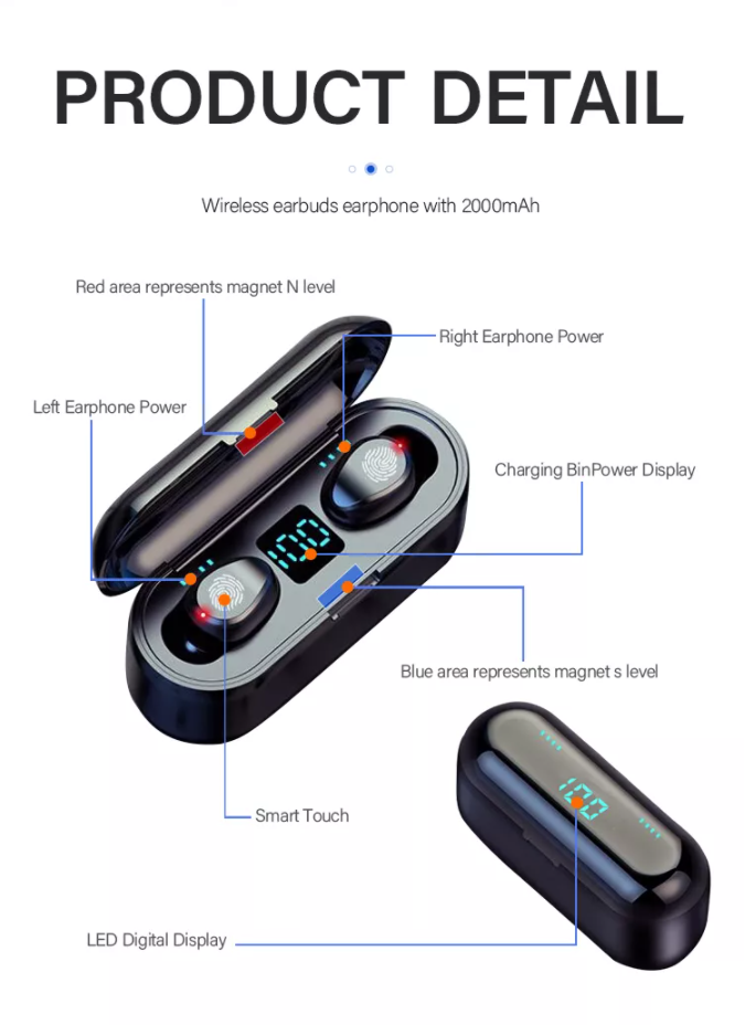 TWS F9-8 earphone 9D Stereo Sports Waterproof led display Headphone