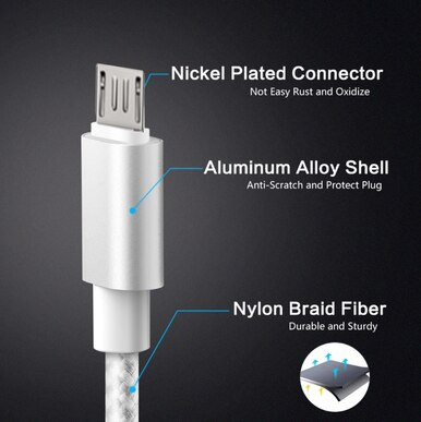 Silver, 6 Ft Micro USB Charging Sync Data Cable With Retail Packing